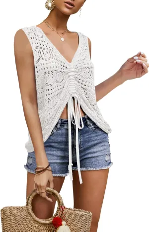 FERBIA Women Crochet Top Beach Cloth Drawstring Shirt Cover Up Oversized Sexy Beachwear Lace Up Tee Poncho