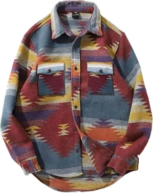 FindThy Mens Brushed Flannel Shirts Ethnic Aztec Print Button Up Lapel Tribal Shirt Jacket Shacket