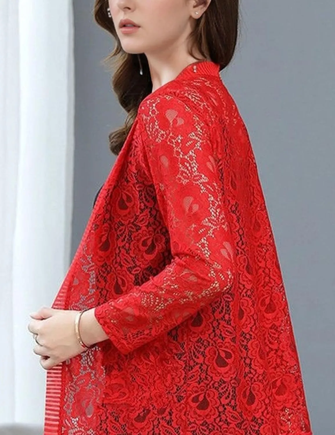 FindThy Womens 3/4 Sleeve Lace Cardigan Long Sleeve Open Front Floral Crochet Shrug Cover Up