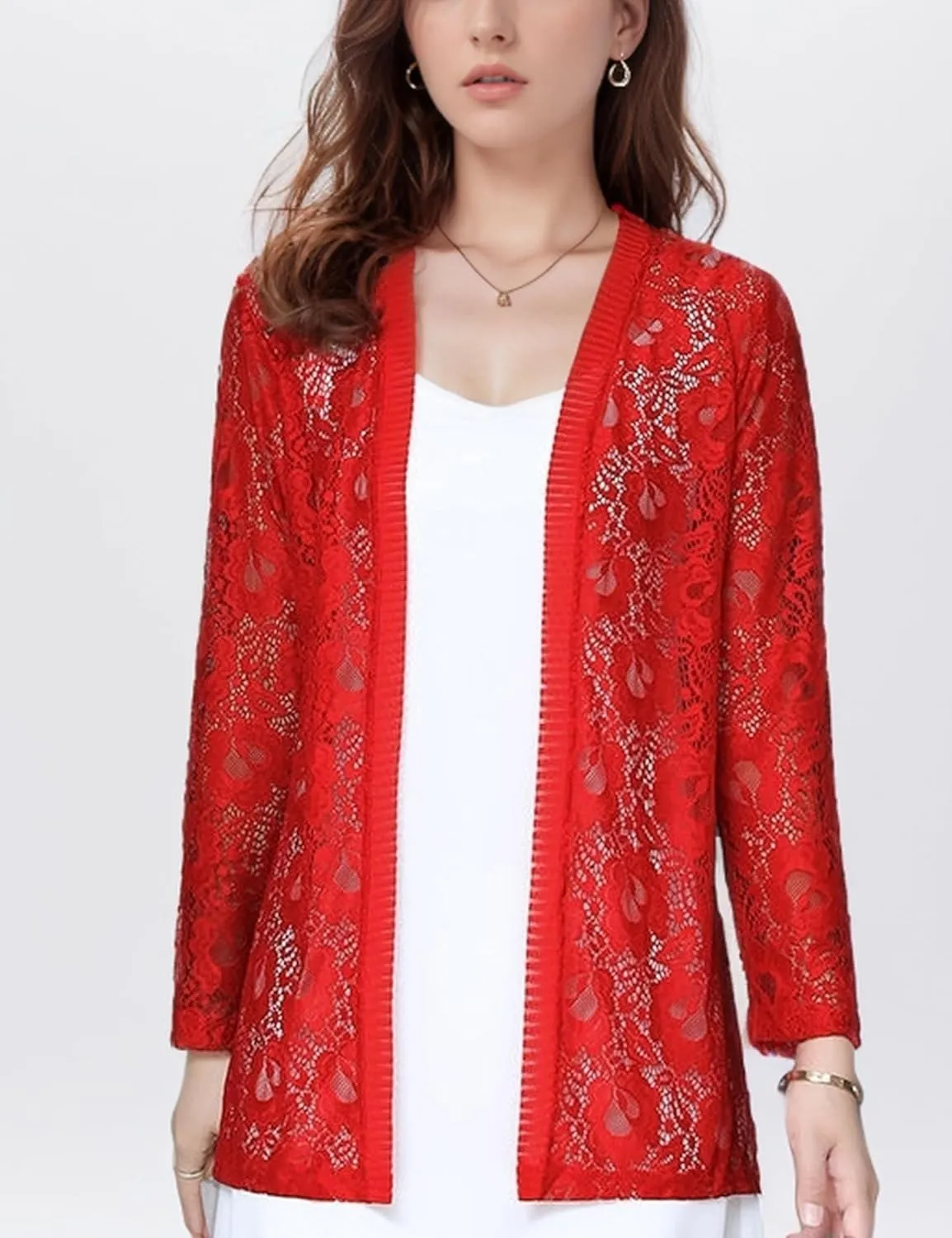 FindThy Womens 3/4 Sleeve Lace Cardigan Long Sleeve Open Front Floral Crochet Shrug Cover Up