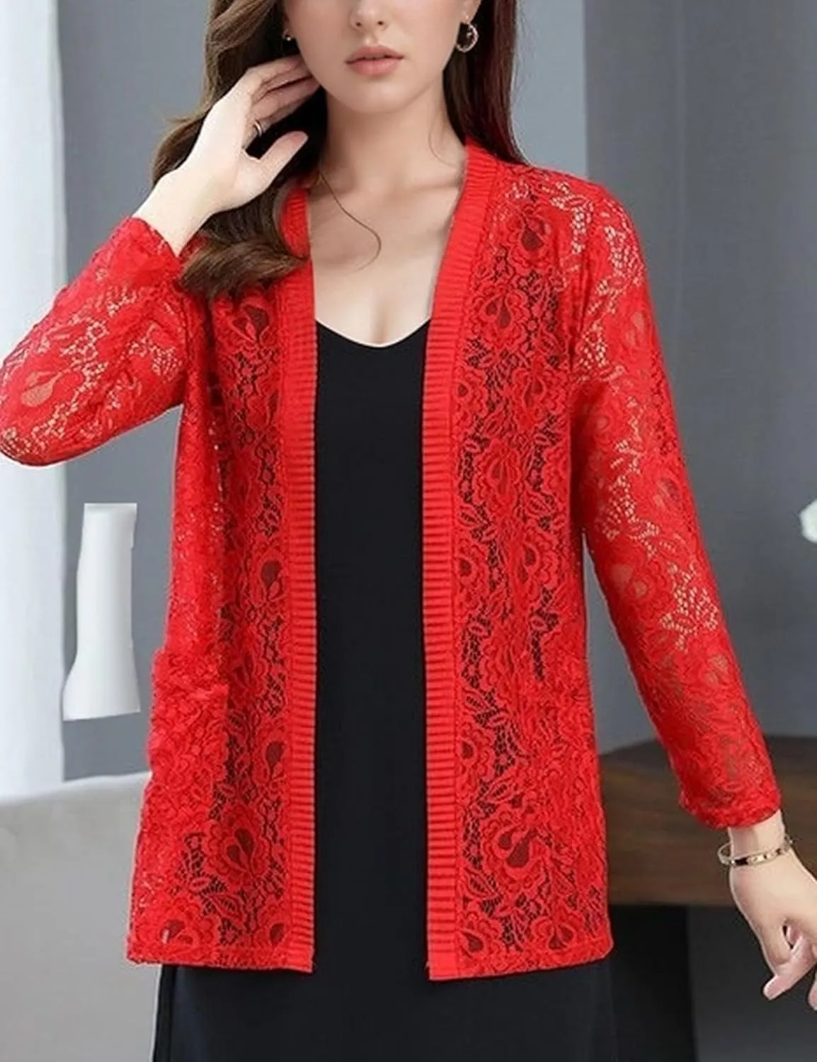 FindThy Womens 3/4 Sleeve Lace Cardigan Long Sleeve Open Front Floral Crochet Shrug Cover Up