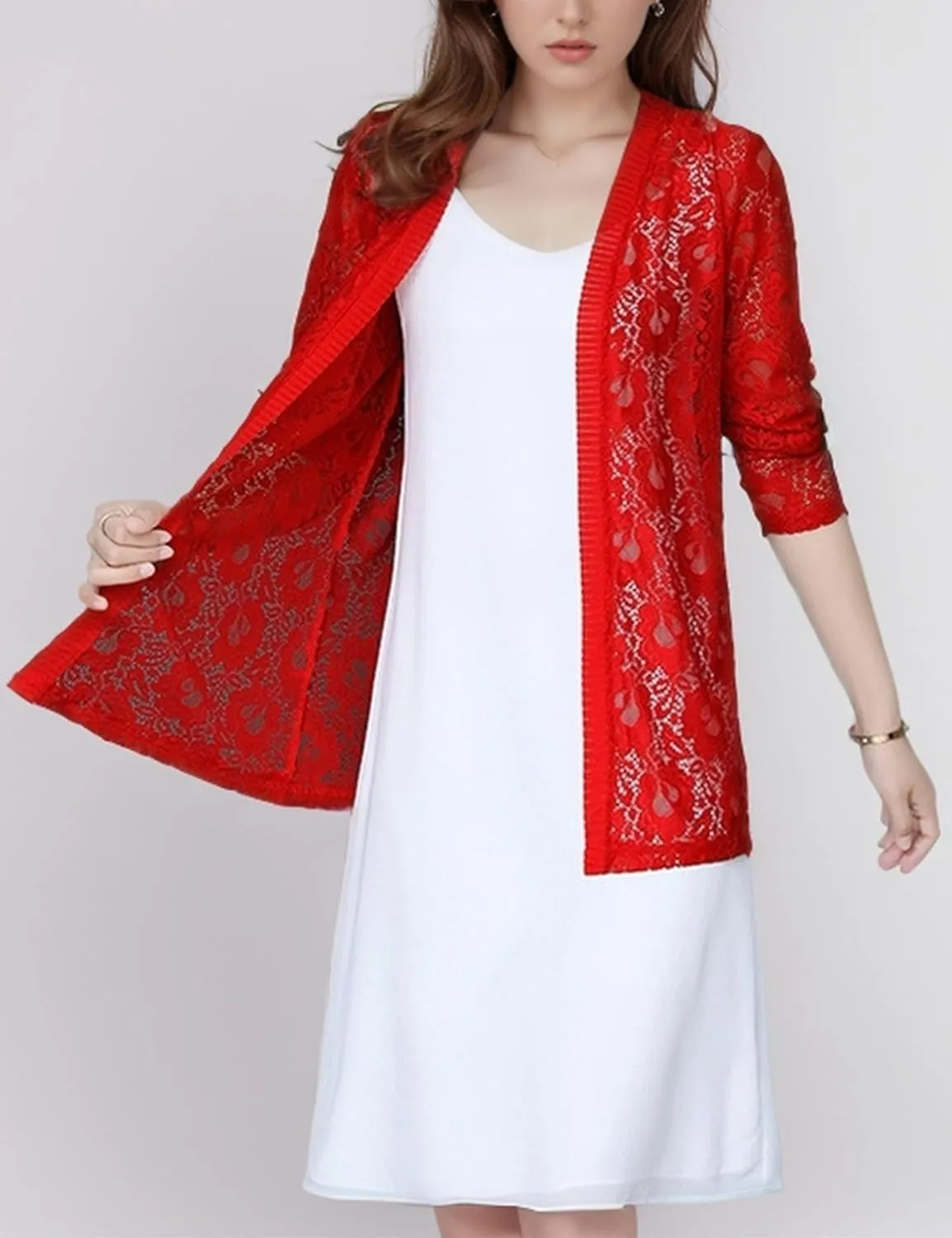 FindThy Womens 3/4 Sleeve Lace Cardigan Long Sleeve Open Front Floral Crochet Shrug Cover Up