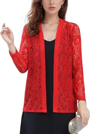 FindThy Womens 3/4 Sleeve Lace Cardigan Long Sleeve Open Front Floral Crochet Shrug Cover Up