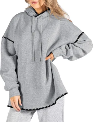 Fisoew Womens Oversized Long Sleeve Hoodies Casual Drawstring Contrast Color Sweatshirts Fall Pullovers