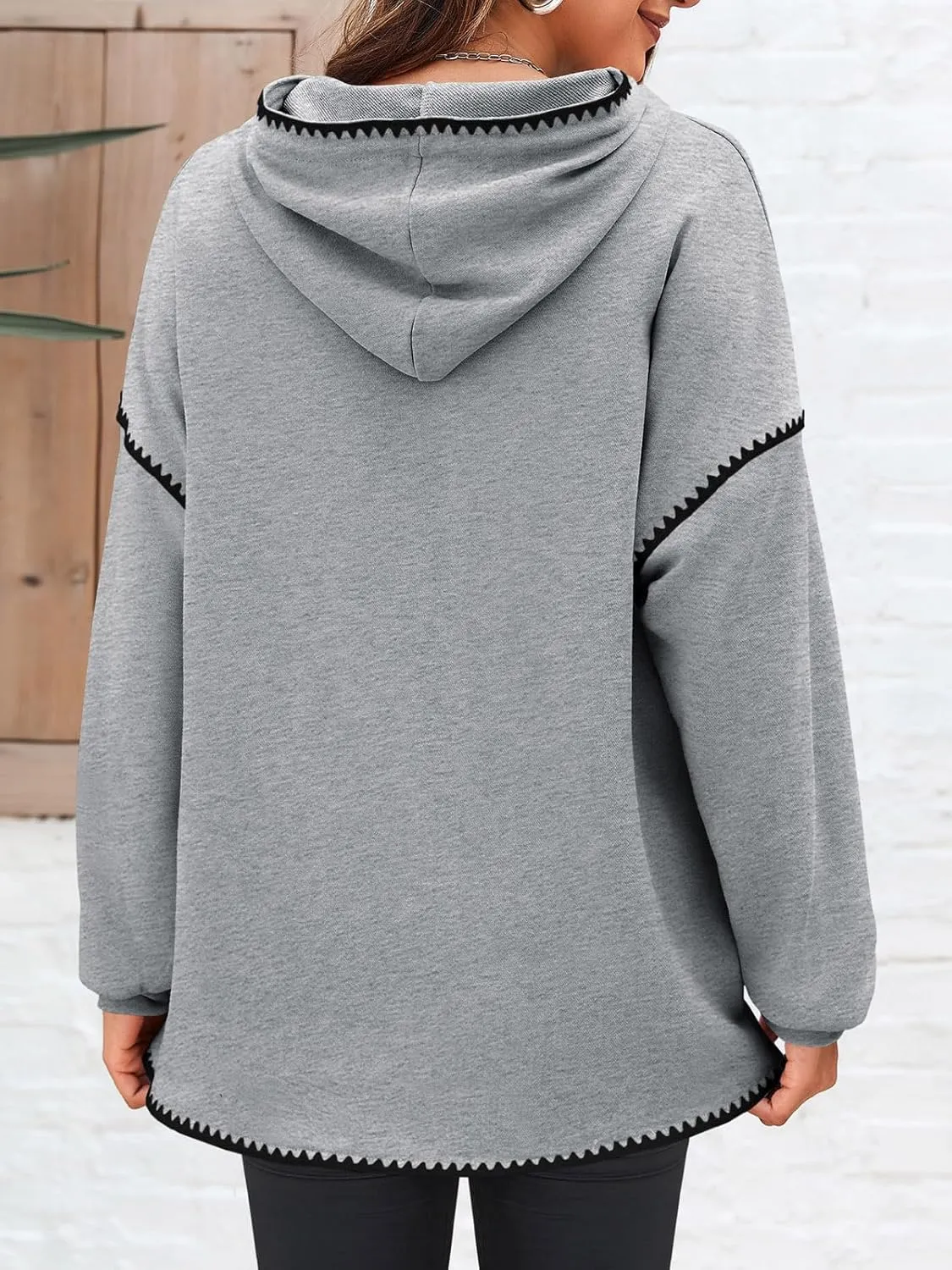 Fisoew Womens Oversized Long Sleeve Hoodies Casual Drawstring Contrast Color Sweatshirts Fall Pullovers
