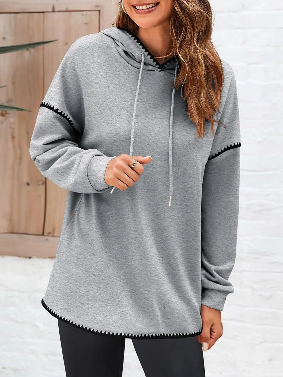 Fisoew Womens Oversized Long Sleeve Hoodies Casual Drawstring Contrast Color Sweatshirts Fall Pullovers