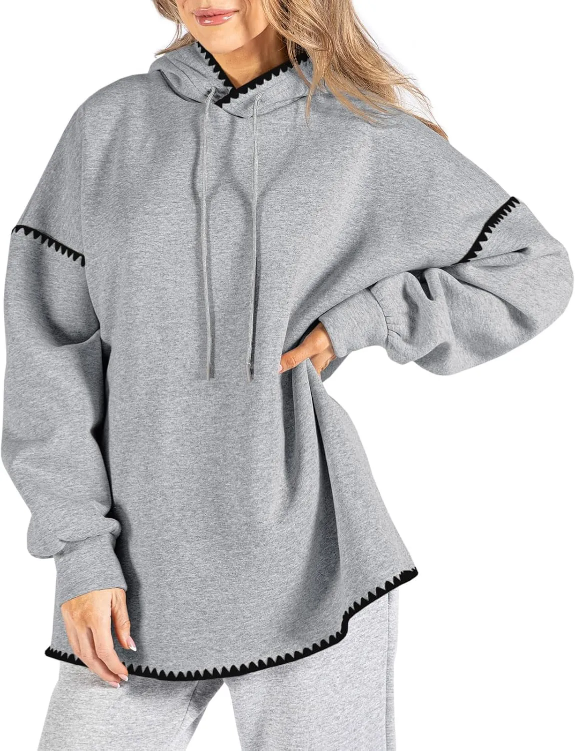 Fisoew Womens Oversized Long Sleeve Hoodies Casual Drawstring Contrast Color Sweatshirts Fall Pullovers