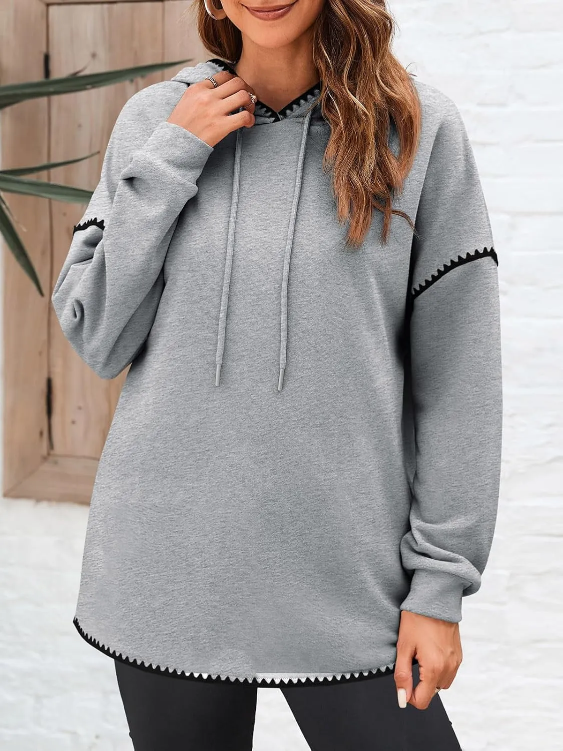 Fisoew Womens Oversized Long Sleeve Hoodies Casual Drawstring Contrast Color Sweatshirts Fall Pullovers