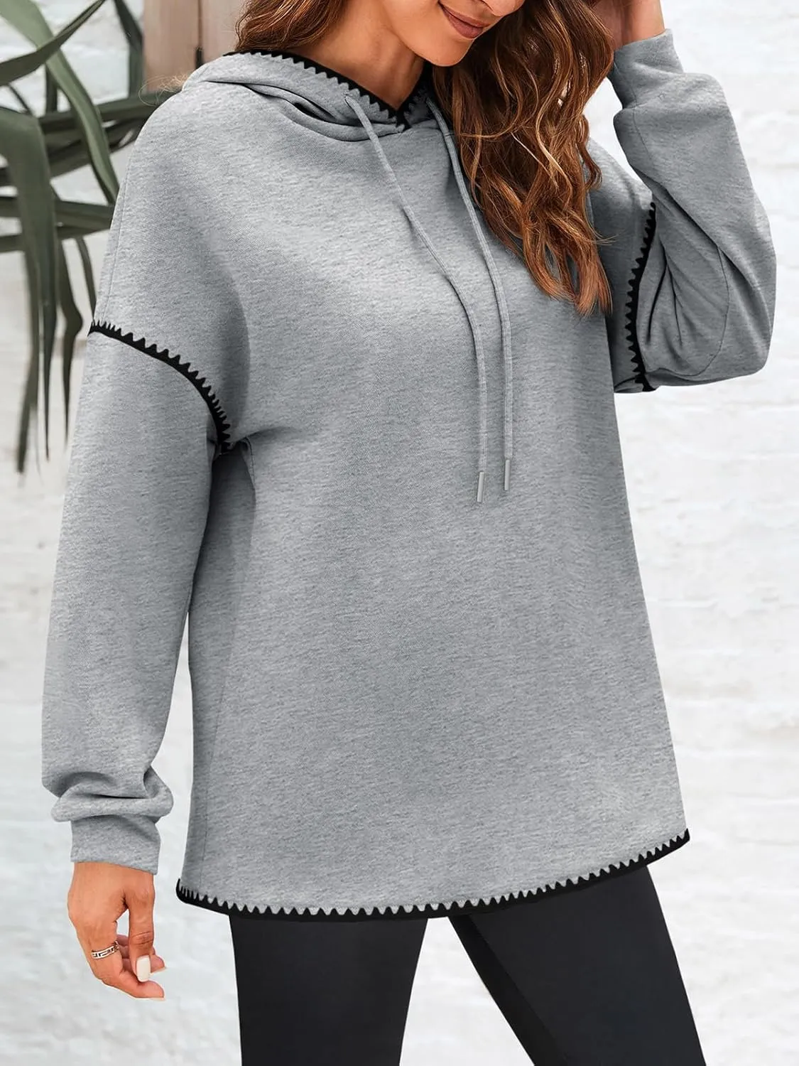 Fisoew Womens Oversized Long Sleeve Hoodies Casual Drawstring Contrast Color Sweatshirts Fall Pullovers