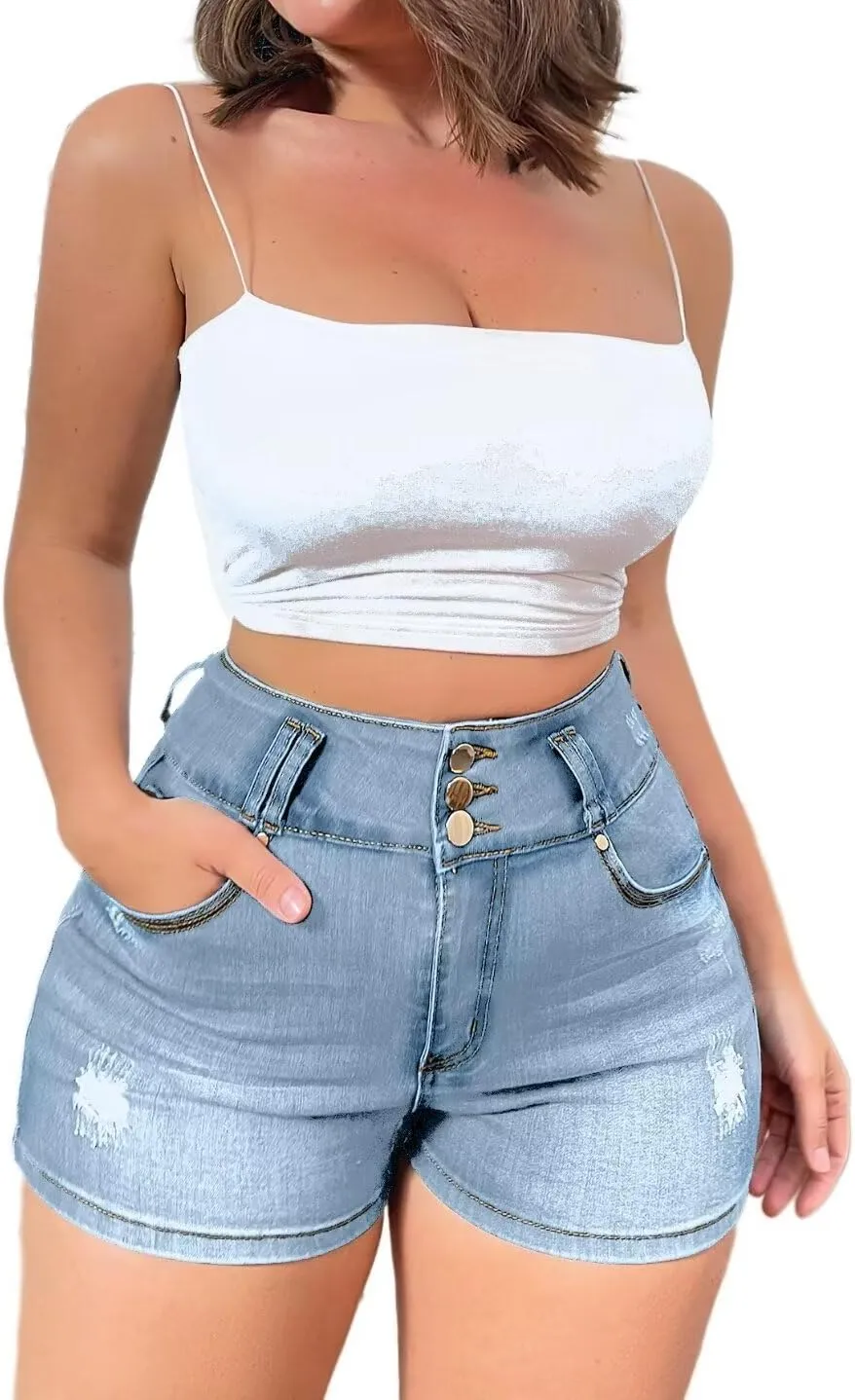Flamingals Butt Lifting Shorts for Women High Waist Denim Jeans Shorts with Pockets Frayed Raw Ripped
