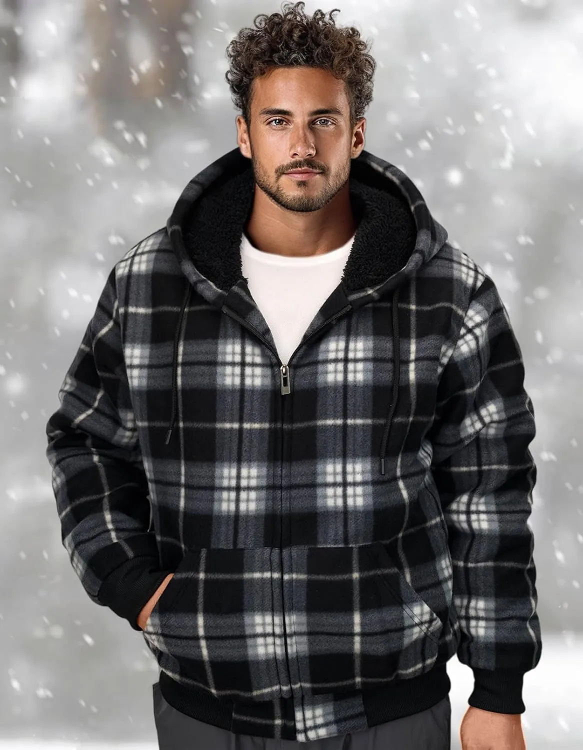 Flannel Plaid Mens Hoodies Soft Warm Sherpa Fleece Lined Full Zip Up Heavyweight Thick Sweatshirt