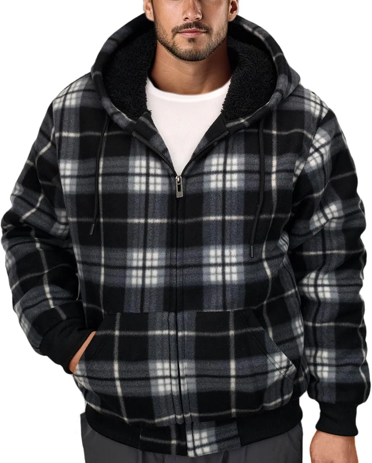 Flannel Plaid Mens Hoodies Soft Warm Sherpa Fleece Lined Full Zip Up Heavyweight Thick Sweatshirt