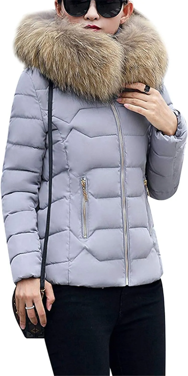 FLITAY Womens Long Sleeve Thicken Down Jacket Quilted Warm Parka Jackets With Faux Fur Hood