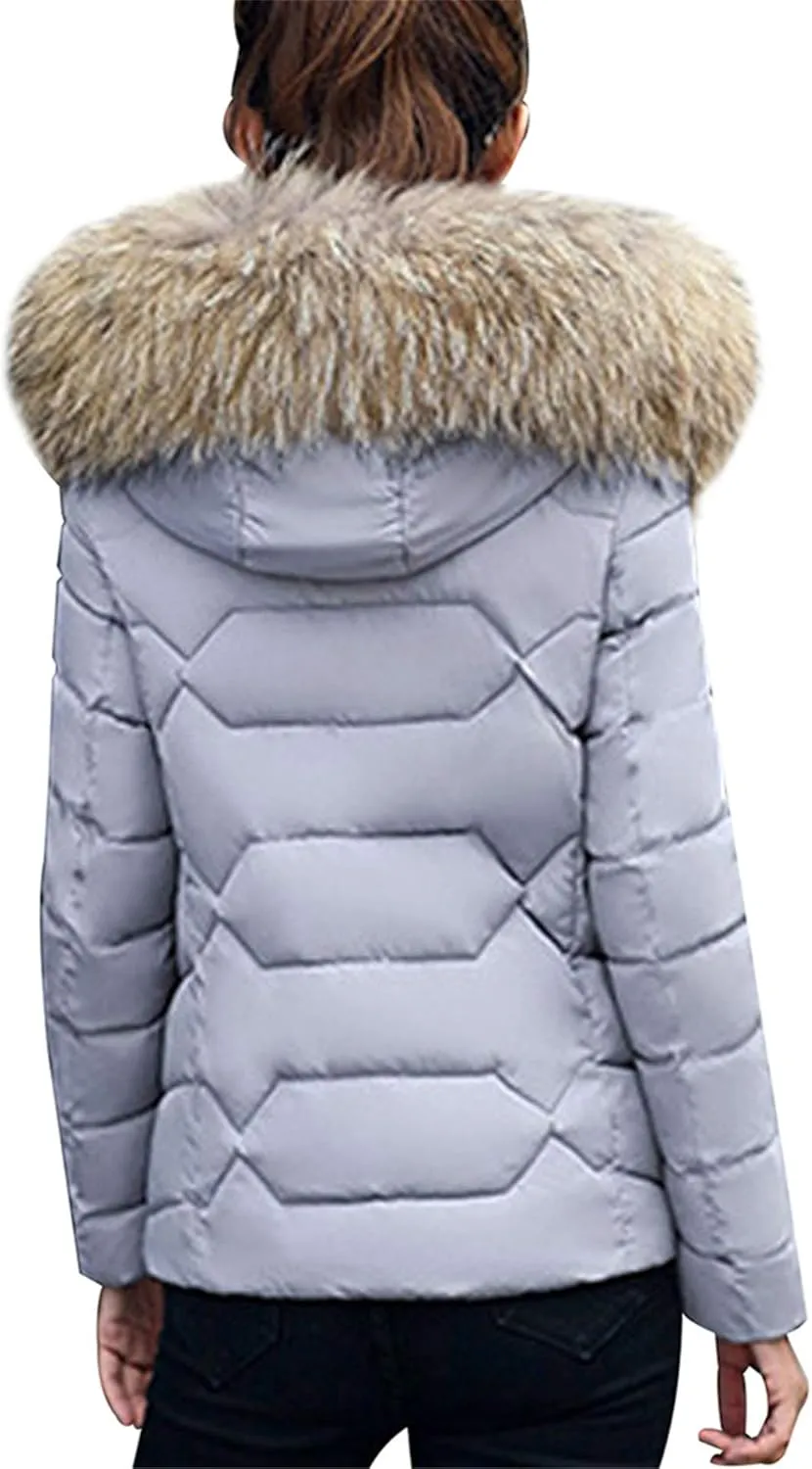 FLITAY Womens Long Sleeve Thicken Down Jacket Quilted Warm Parka Jackets With Faux Fur Hood