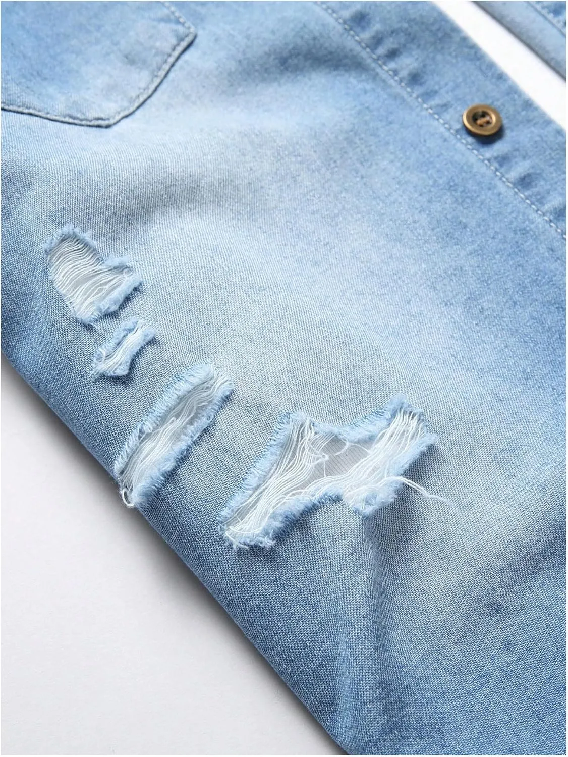 Floerns Men's Causal Ripped Button Front Dual Pocket Short Sleeve Denim Shirt Without Tee
