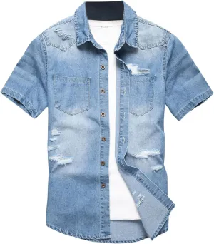Floerns Men's Causal Ripped Button Front Dual Pocket Short Sleeve Denim Shirt Without Tee