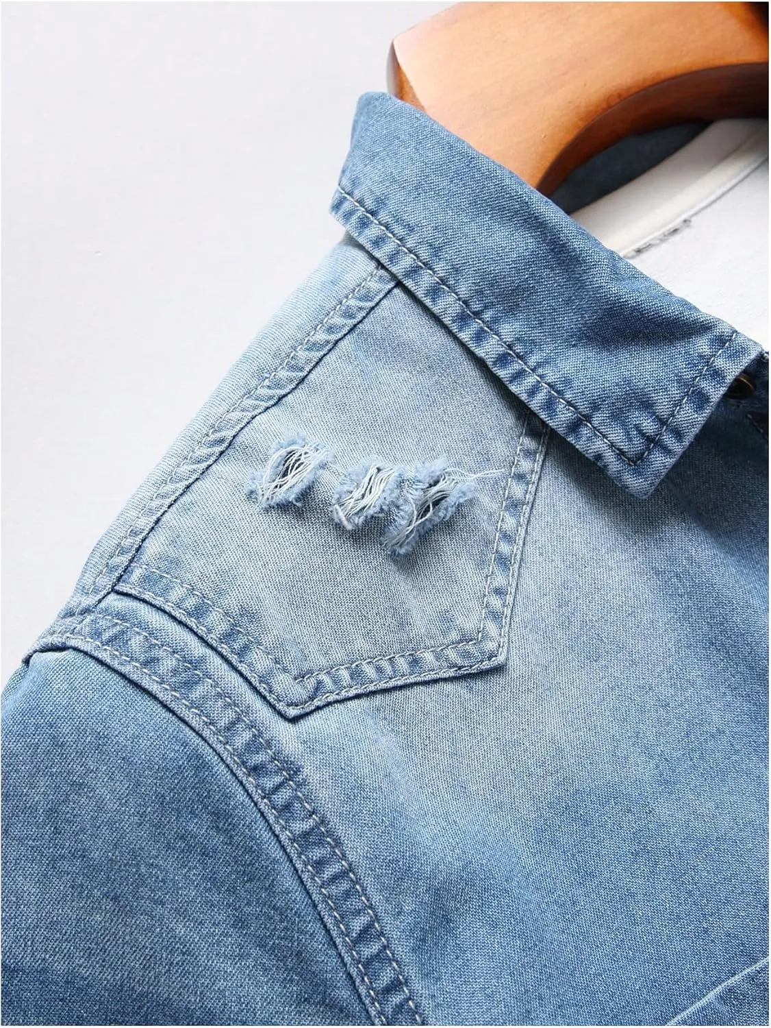 Floerns Men's Causal Ripped Button Front Dual Pocket Short Sleeve Denim Shirt Without Tee