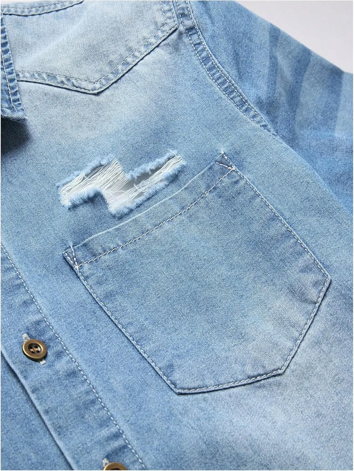 Floerns Men's Causal Ripped Button Front Dual Pocket Short Sleeve Denim Shirt Without Tee
