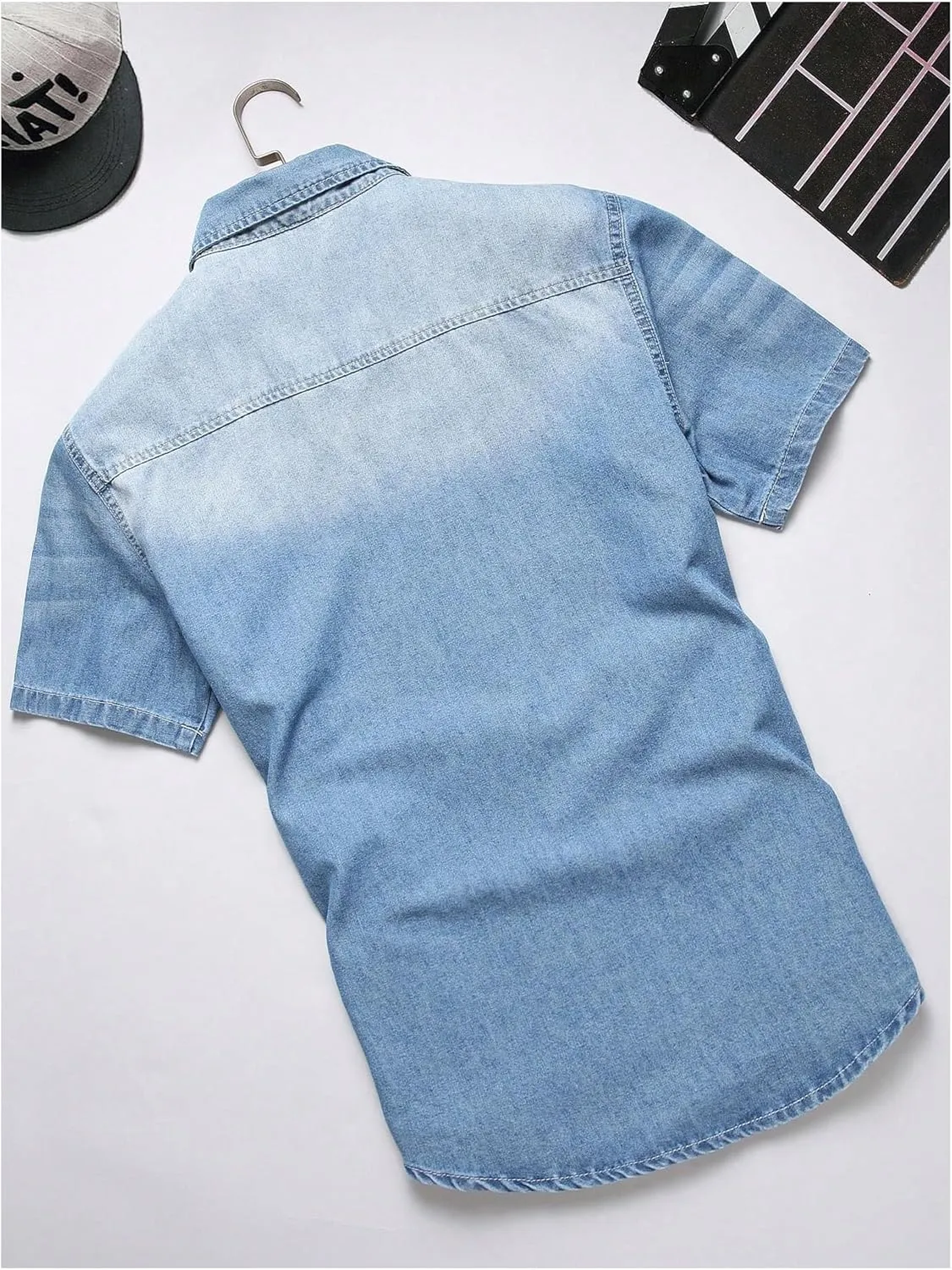 Floerns Men's Causal Ripped Button Front Dual Pocket Short Sleeve Denim Shirt Without Tee