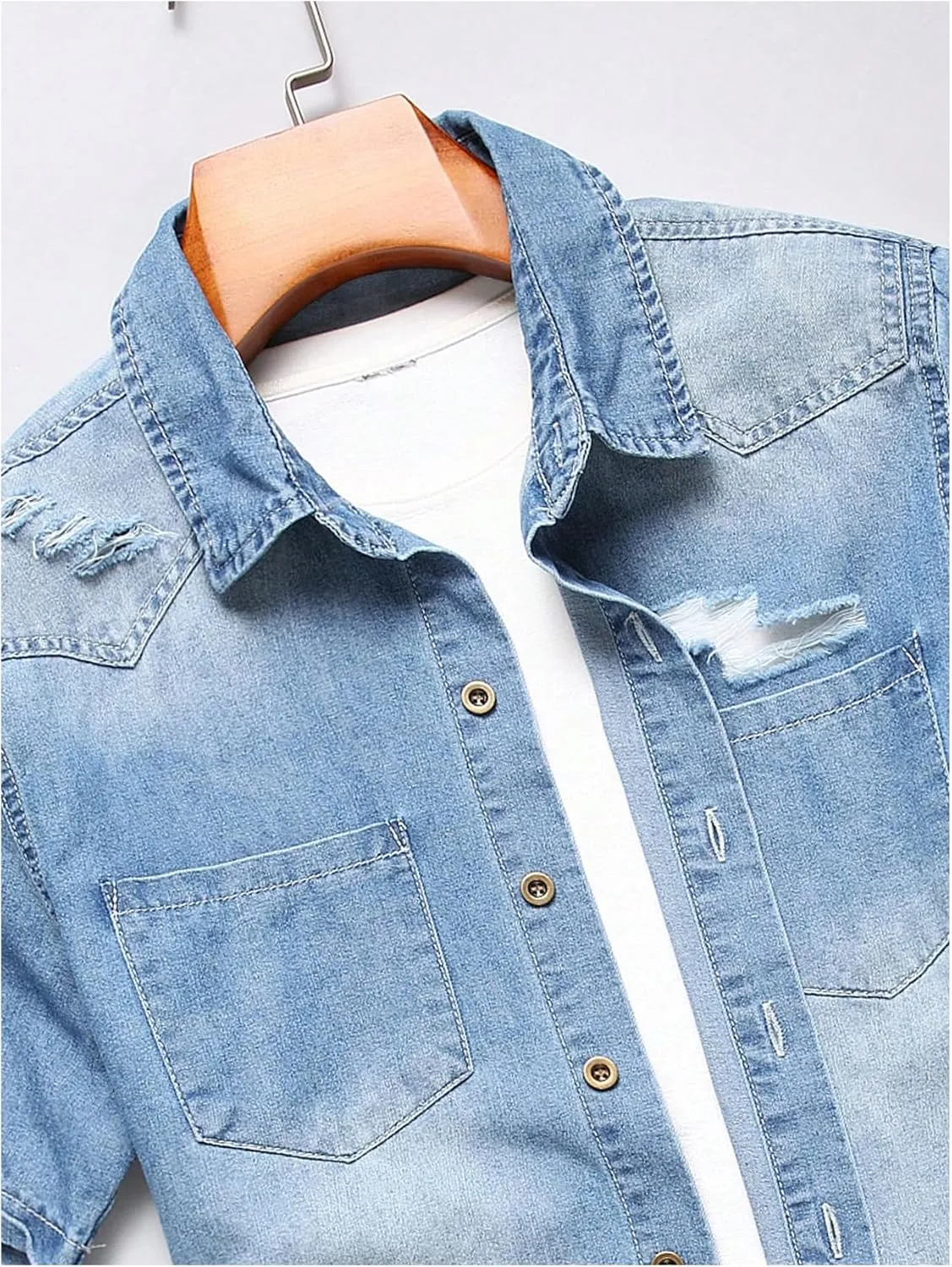 Floerns Men's Causal Ripped Button Front Dual Pocket Short Sleeve Denim Shirt Without Tee
