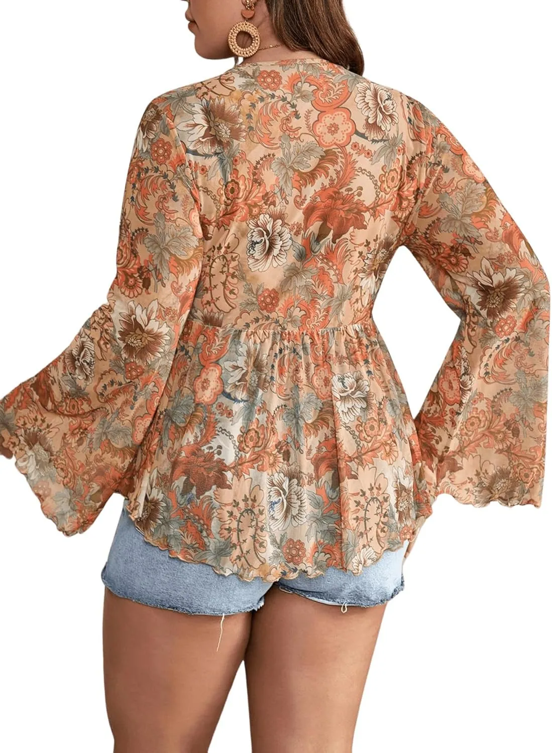 Floerns Women's Plus Size V Neck Flare Sleeve Tie Front Boho Peplum Tee Shirt