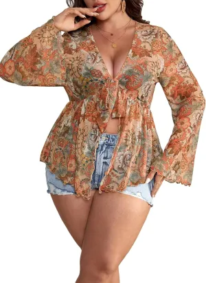 Floerns Women's Plus Size V Neck Flare Sleeve Tie Front Boho Peplum Tee Shirt