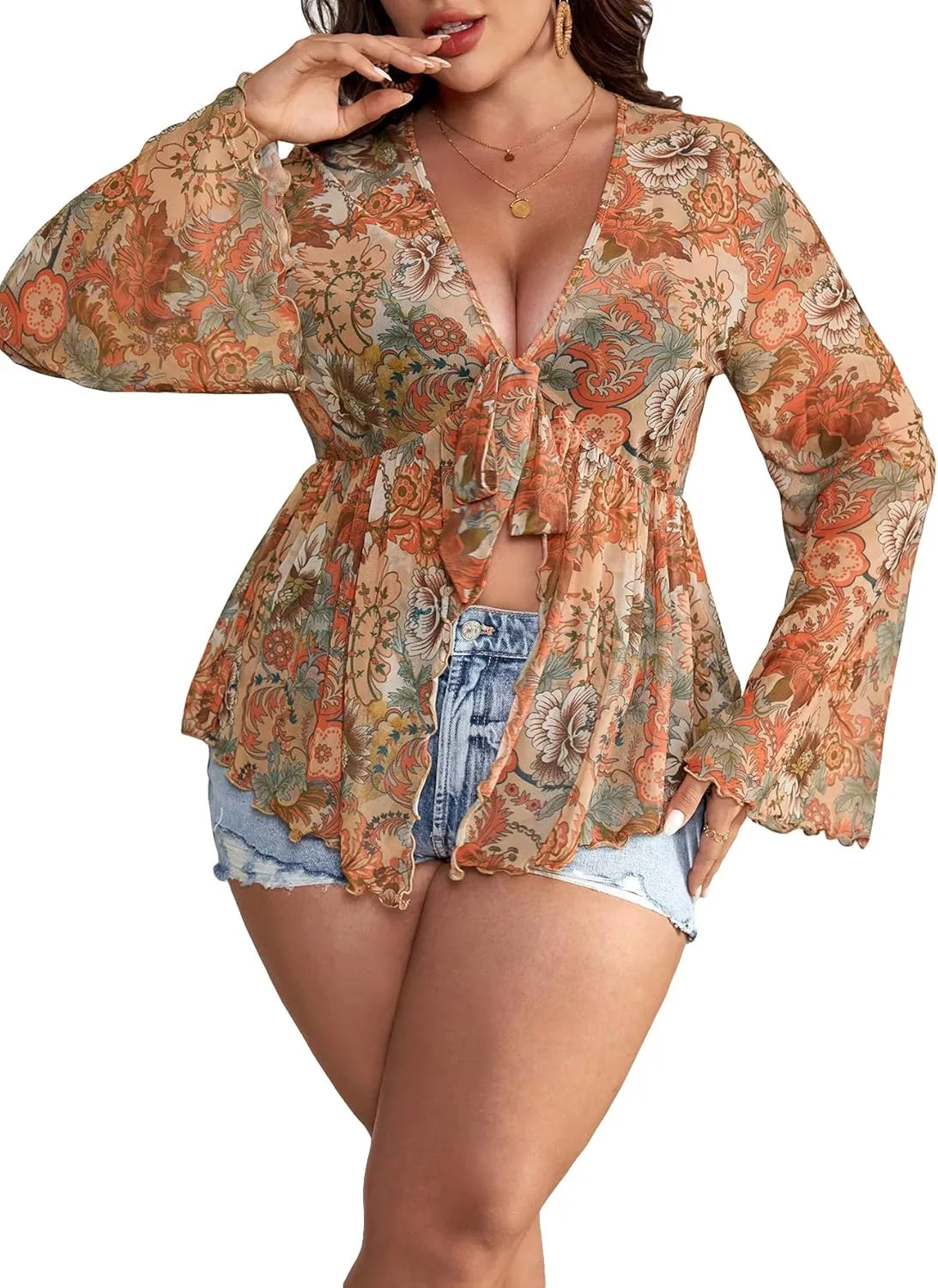 Floerns Women's Plus Size V Neck Flare Sleeve Tie Front Boho Peplum Tee Shirt