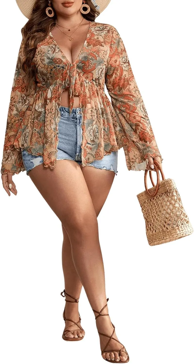 Floerns Women's Plus Size V Neck Flare Sleeve Tie Front Boho Peplum Tee Shirt