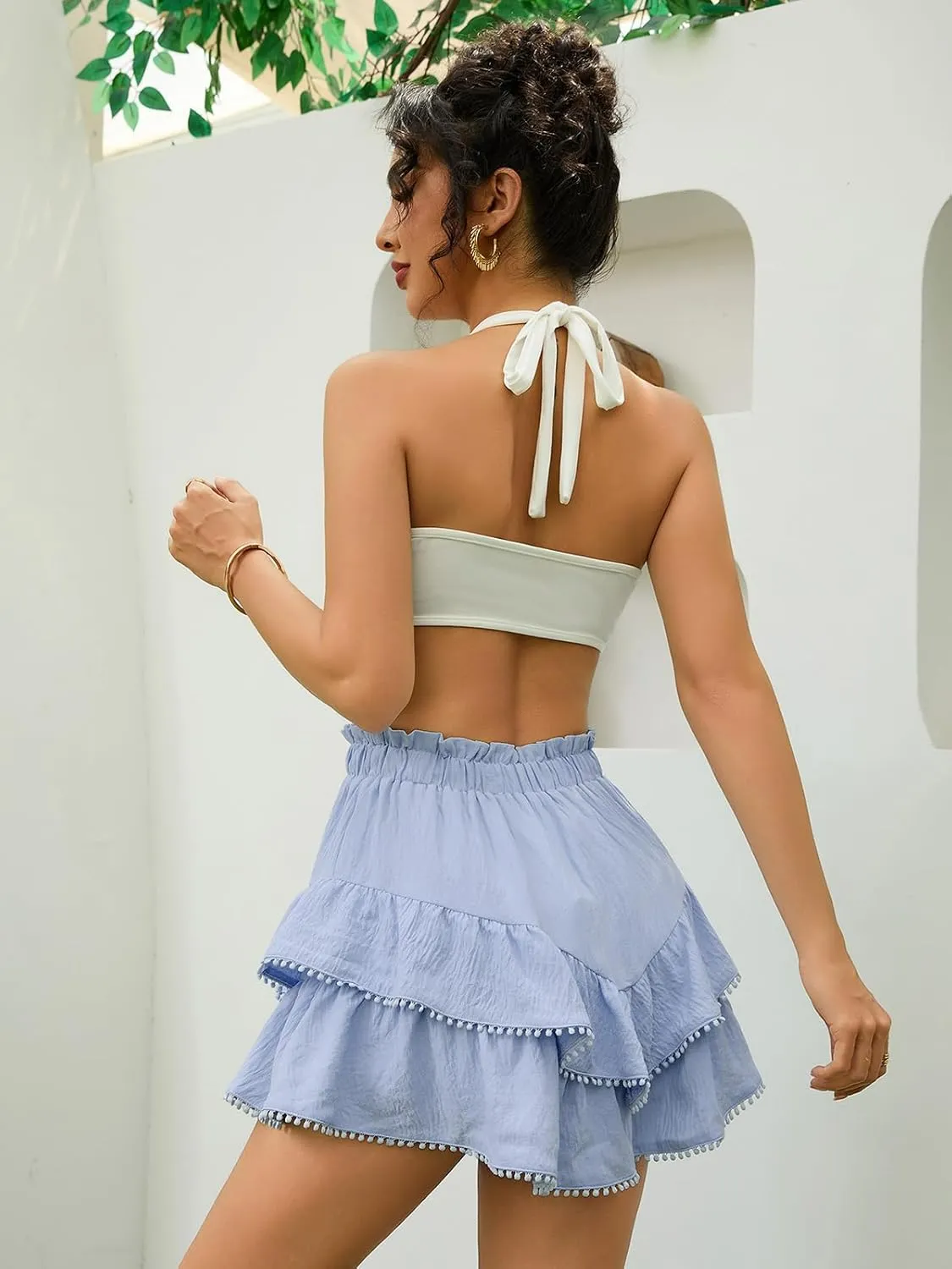 Flowy Shorts for Women Casual Boho Skorts Floral Ruffle Tiered High Waist Flared Mini Skirts Tennis Golf Shorts
