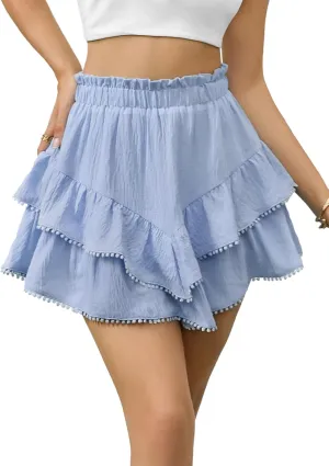 Flowy Shorts for Women Casual Boho Skorts Floral Ruffle Tiered High Waist Flared Mini Skirts Tennis Golf Shorts