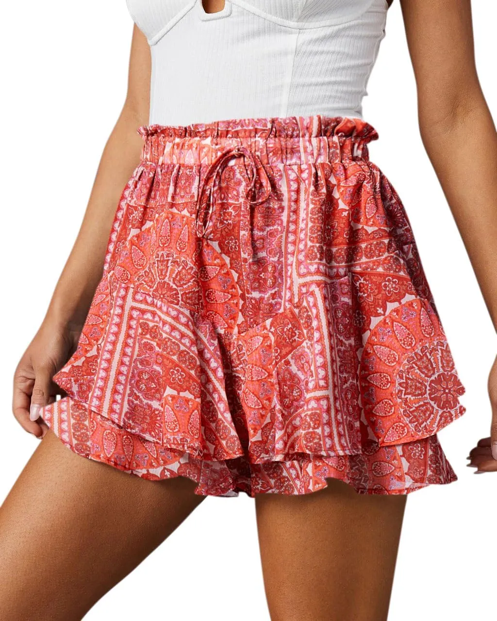 Flowy Shorts for Women Casual Cute Floral Skorts Chiffon Ruffle Tennis Mini Skirts Butterfly Summer Boho Shorts
