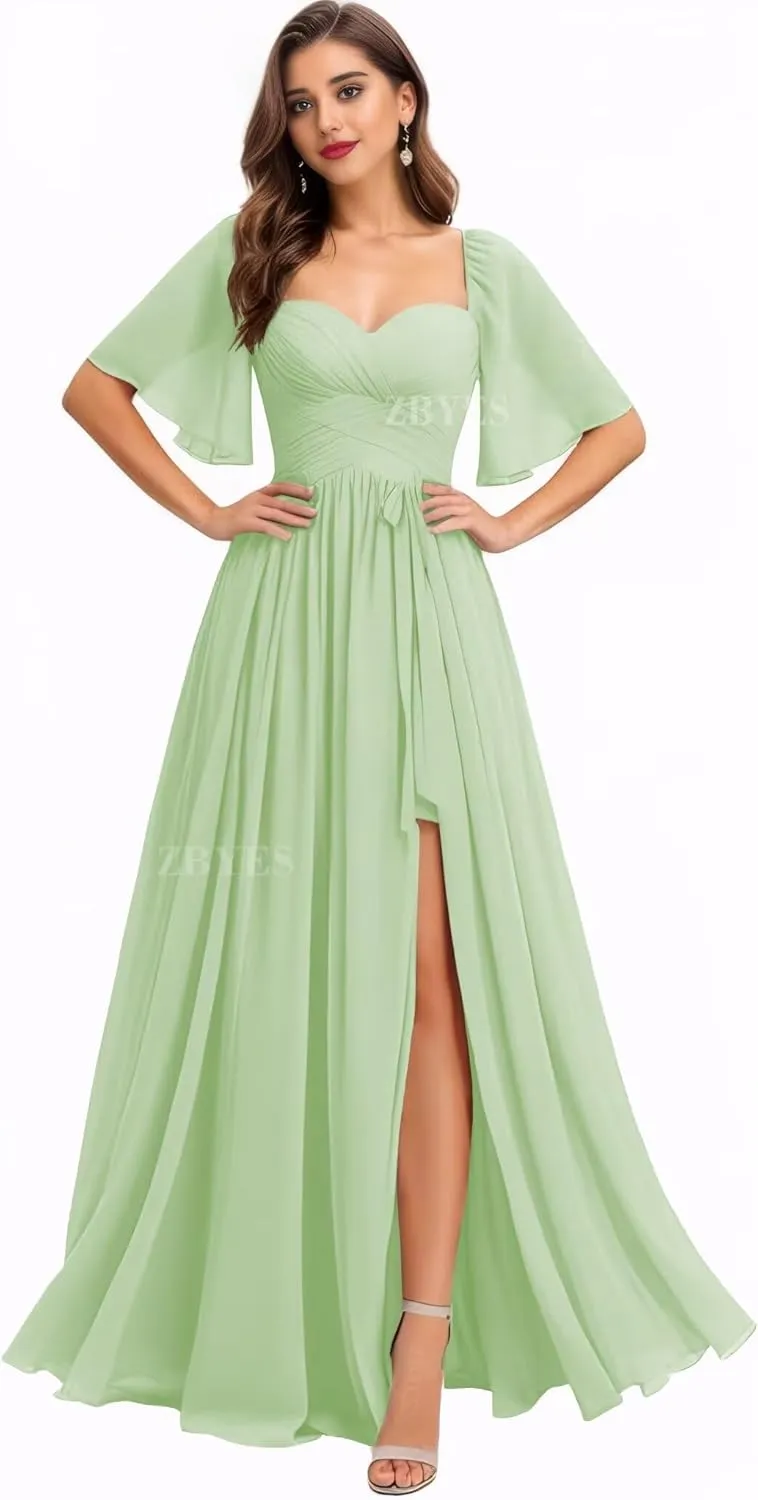Flutter Sleeve Bridesmaid Dresses for Wedding Ruched Chiffon Prom Dresses A Line Boho Long Formal Dresses with Slit