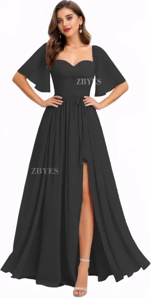 Flutter Sleeve Bridesmaid Dresses for Wedding Ruched Chiffon Prom Dresses A Line Boho Long Formal Dresses with Slit