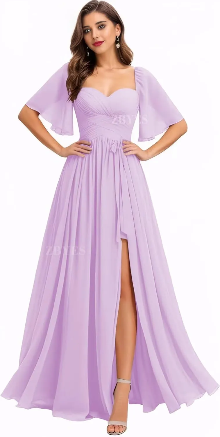 Flutter Sleeve Bridesmaid Dresses for Wedding Ruched Chiffon Prom Dresses A Line Boho Long Formal Dresses with Slit