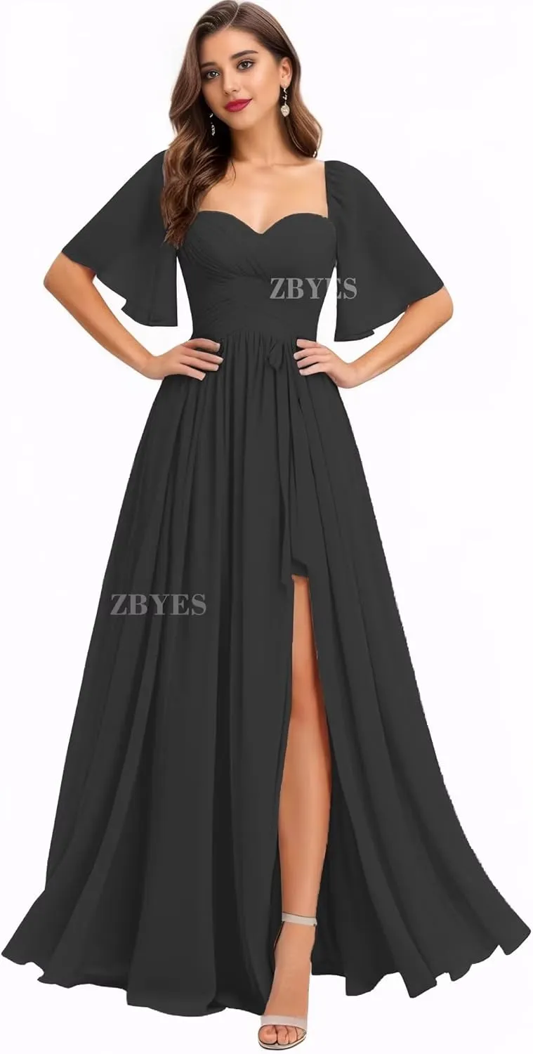 Flutter Sleeve Bridesmaid Dresses for Wedding Ruched Chiffon Prom Dresses A Line Boho Long Formal Dresses with Slit