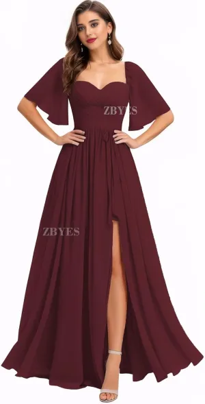 Flutter Sleeve Bridesmaid Dresses for Wedding Ruched Chiffon Prom Dresses A Line Boho Long Formal Dresses with Slit