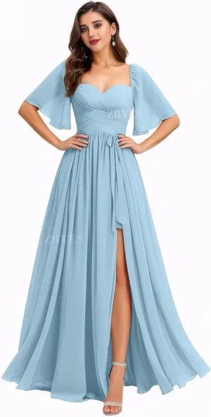 Flutter Sleeve Bridesmaid Dresses for Wedding Ruched Chiffon Prom Dresses A Line Boho Long Formal Dresses with Slit