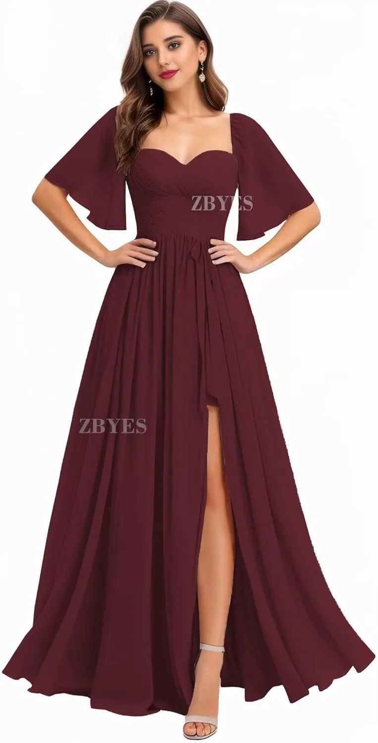 Flutter Sleeve Bridesmaid Dresses for Wedding Ruched Chiffon Prom Dresses A Line Boho Long Formal Dresses with Slit