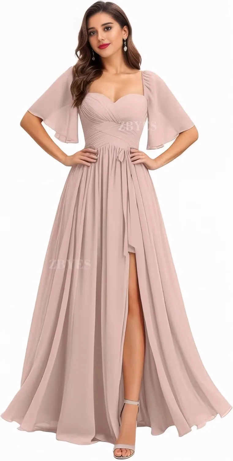 Flutter Sleeve Bridesmaid Dresses for Wedding Ruched Chiffon Prom Dresses A Line Boho Long Formal Dresses with Slit