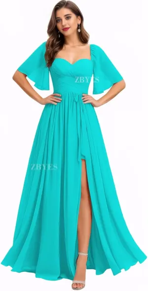 Flutter Sleeve Bridesmaid Dresses for Wedding Ruched Chiffon Prom Dresses A Line Boho Long Formal Dresses with Slit