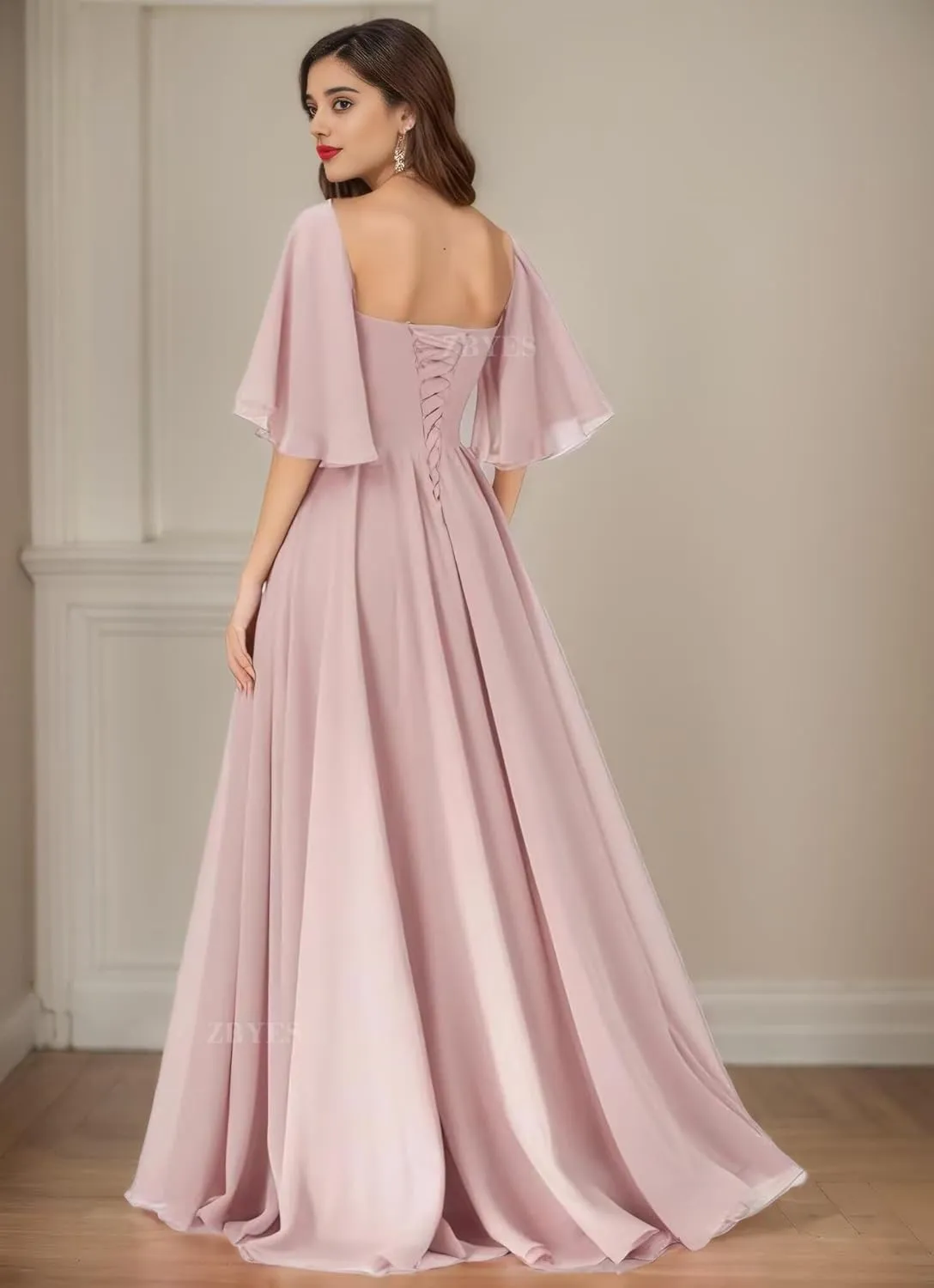 Flutter Sleeve Bridesmaid Dresses for Wedding Ruched Chiffon Prom Dresses A Line Boho Long Formal Dresses with Slit
