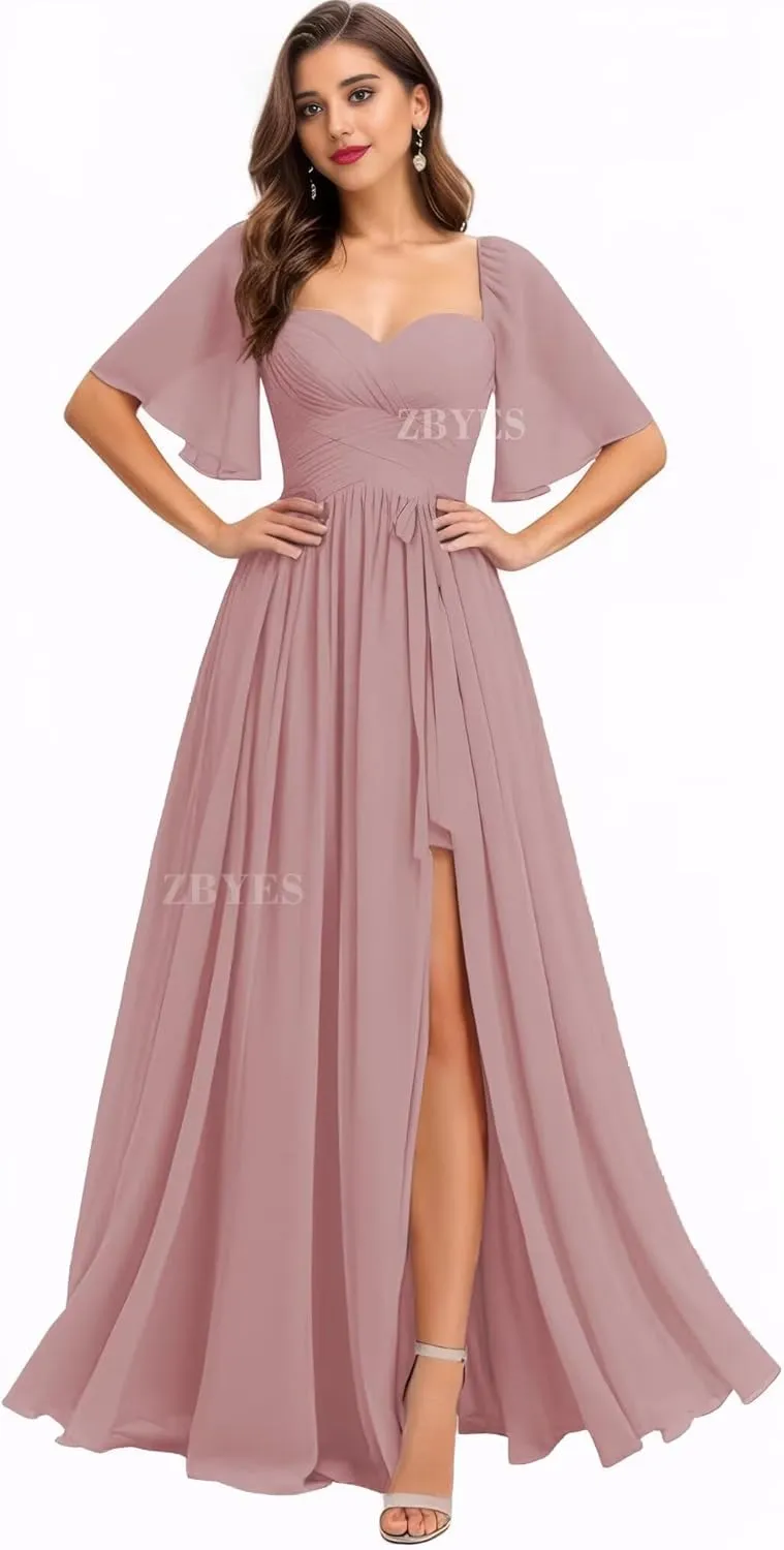 Flutter Sleeve Bridesmaid Dresses for Wedding Ruched Chiffon Prom Dresses A Line Boho Long Formal Dresses with Slit