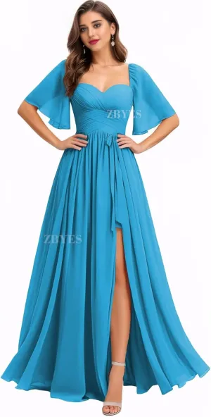 Flutter Sleeve Bridesmaid Dresses for Wedding Ruched Chiffon Prom Dresses A Line Boho Long Formal Dresses with Slit