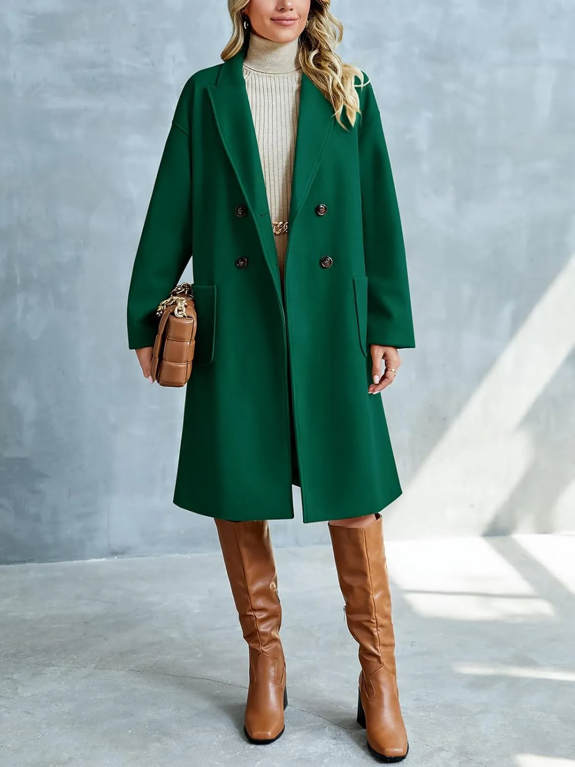 FSHAOES Womens Lapel Peacoat Winter Double-Breasted Outerwear Mid Long Jacket Casual Trench Coat