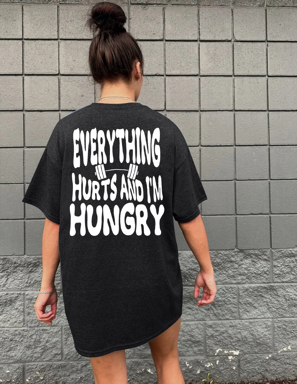 Funny Workout Shirts Women Oversized Gym Weightlifting Graphic Tshirt Everything Hurts and I'm Hungry Tee Tops