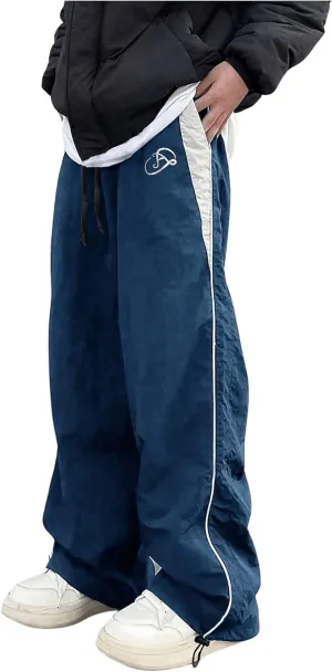 GORGLITTER Men's Drawstring Waist Cargo Pants Letter Print Wide Leg Y2k Pants
