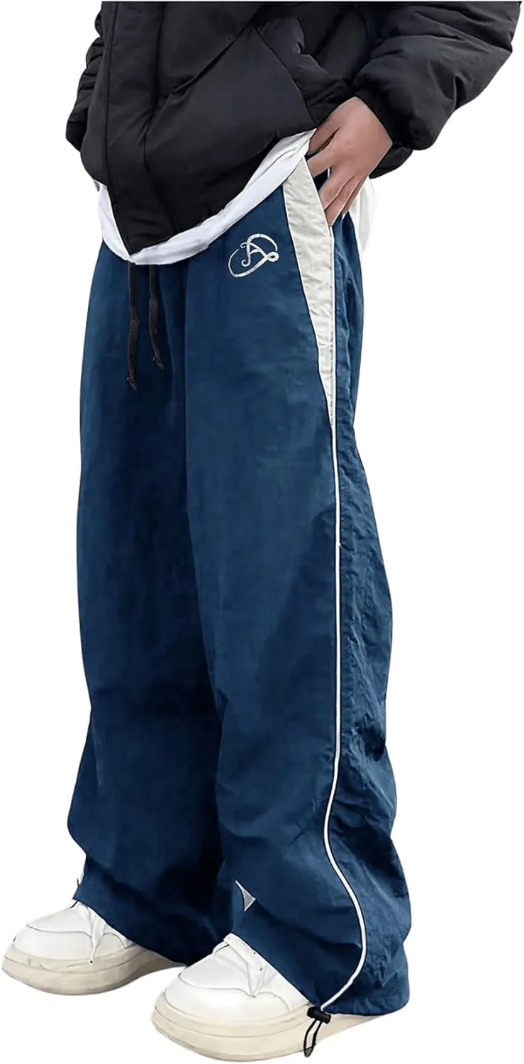 GORGLITTER Men's Drawstring Waist Cargo Pants Letter Print Wide Leg Y2k Pants