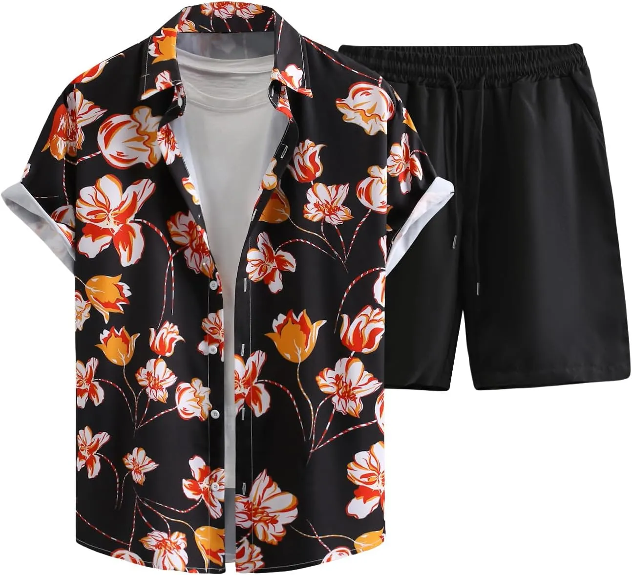 GORGLITTER Men's Vacation Beach Outfits 2 Piece Shorts Set Floral Hawaiian Button Down Shirt and Shorts