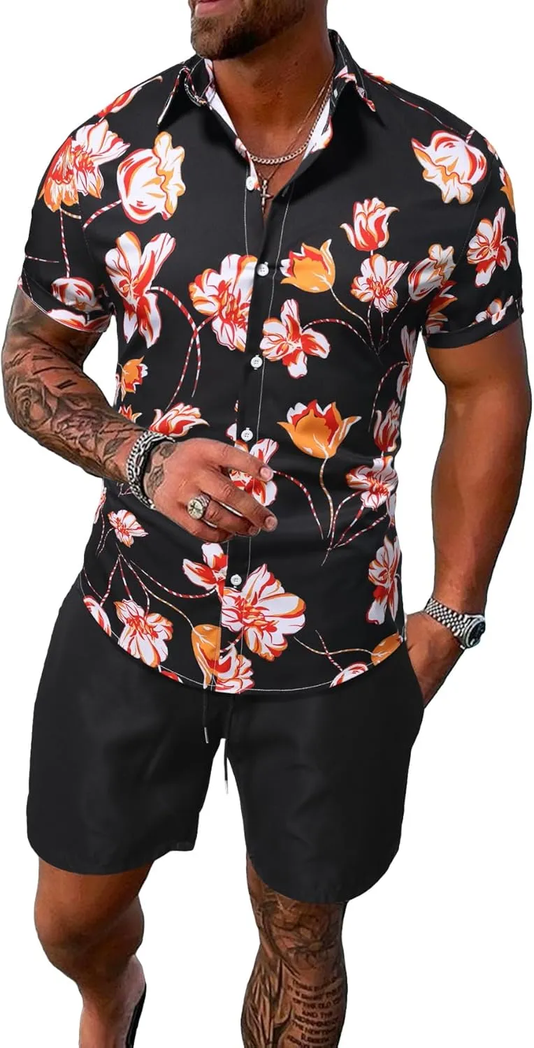 GORGLITTER Men's Vacation Beach Outfits 2 Piece Shorts Set Floral Hawaiian Button Down Shirt and Shorts