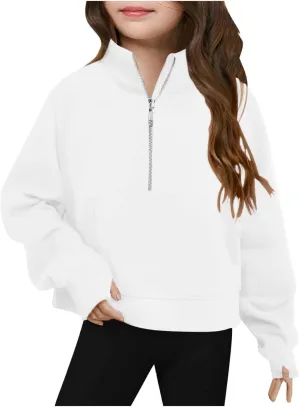 Half Zip Sweatshirt for Girls Long Sleeve Pullover Crop Tops Lightweight Fleece Spring Fall Clothes Thumb Hole